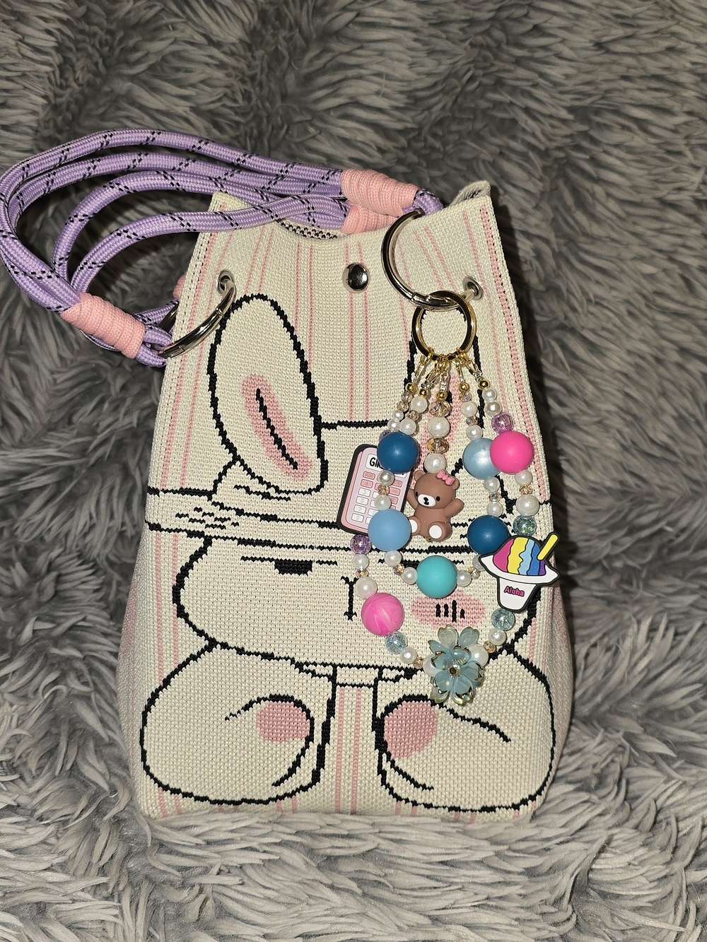 Cute Bunny Knit Drawstring Bag with Pink & Purple Accents